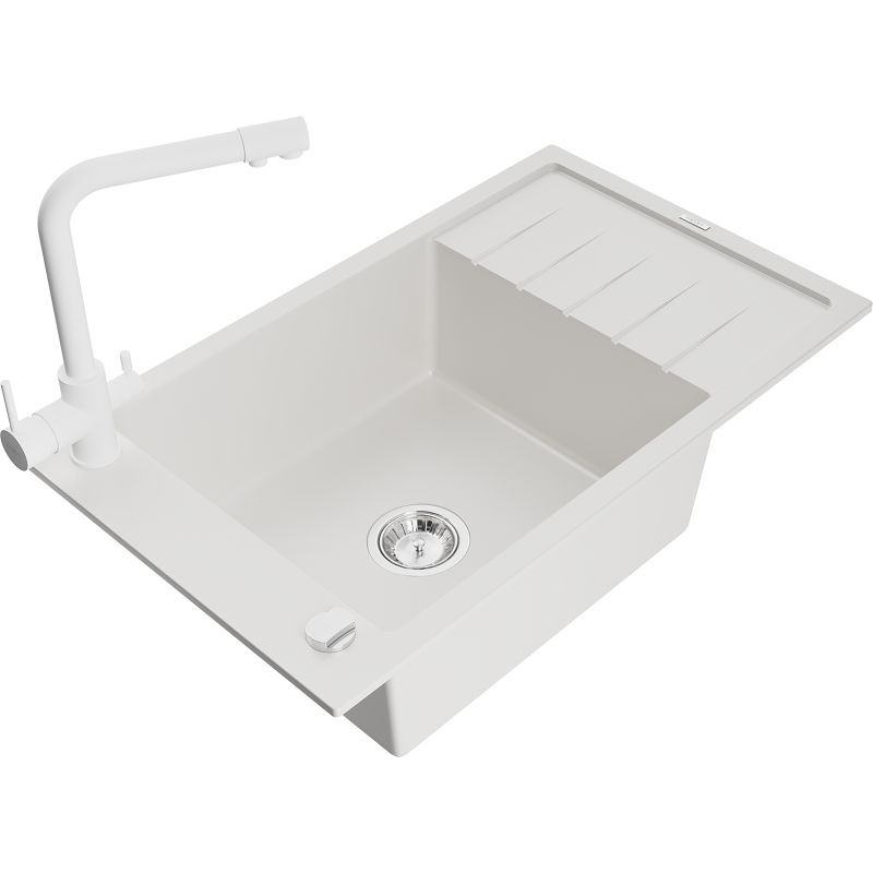 Zlewozmywak granitowy 1-komorowy Mexen Elias z ociekaczem i baterią kuchenną Duero biały 6511-20-671600-20