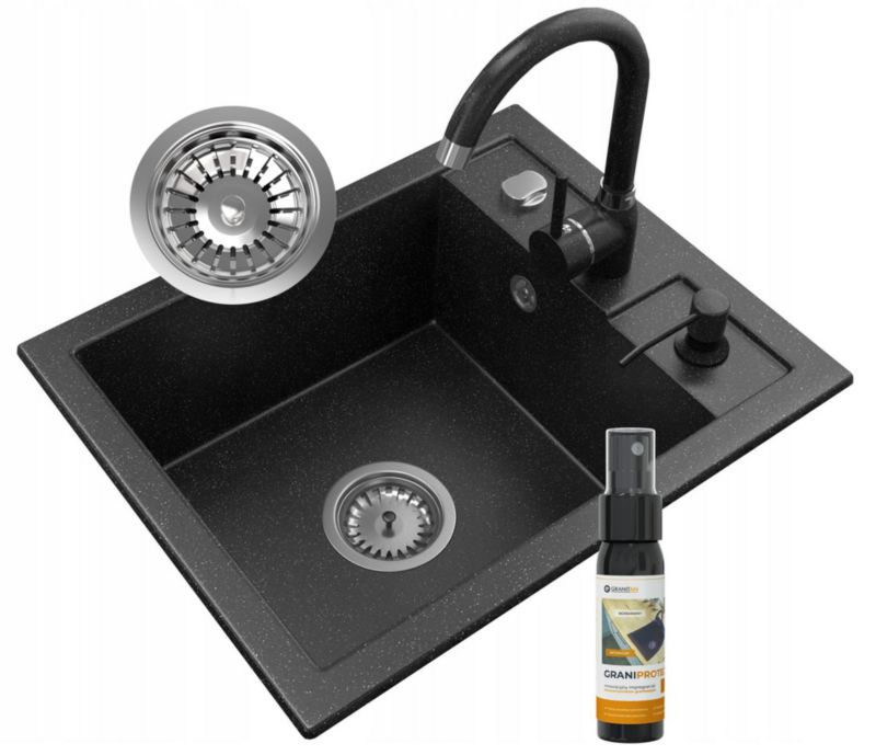 Zlew Granitowy Jednokomorowy Granitan Best Czarny Nakrapiany Bateria Czarna Nakrapiana Dozownik Czarna Nakrapiana Syfon 1 szt.