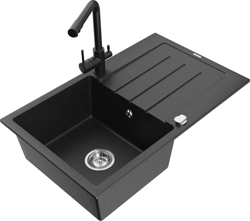 Zlewozmywak granitowy Mexen Bruno 1-komorowy z ociekaczem i baterią kuchenną Duero szary - 6513-71-671600-71 1 szt.