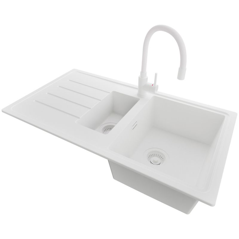 Zlewozmywak Granitowy Kopenhaga Duo PRIMAGRAN Nablatowy 90x50cm do szafki od 60cm, Cały Biały + Bateria + Syfon, S030, 1 szt.