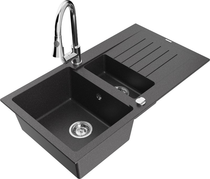 Zlewozmywak granitowy Mexen Matias 1,5-komorowy z ociekaczem i baterią kuchenną Elia czarny 6502-76-670101-00