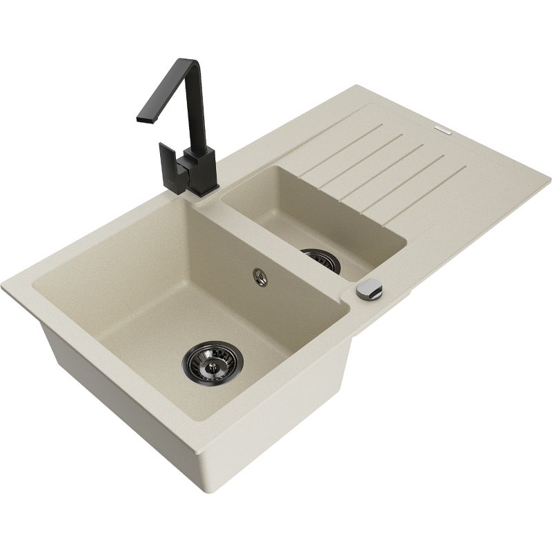 Zlewozmywak granitowy 1.5-komorowy Mexen Matias z ociekaczem i baterią kuchenną Rita beżowy - 6502-69-670300-50 1 szt.