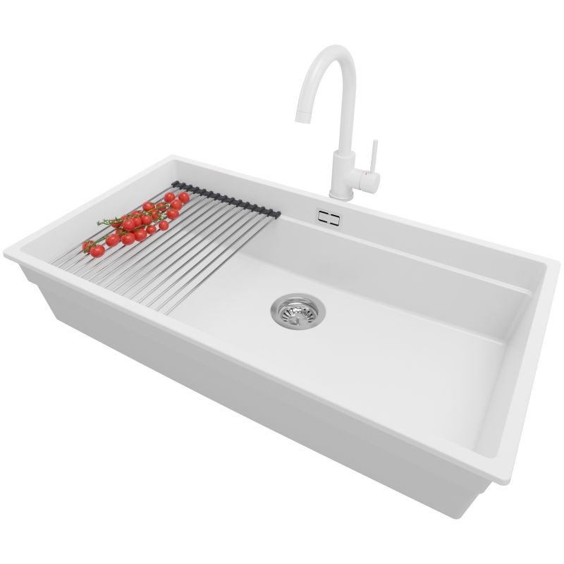 Zlewozmywak Granitowy Praga Slim PRIMAGRAN Nablatowy 86x47cm, Biały + Bateria + Syfon + Akcesorium, S679, 1 szt.