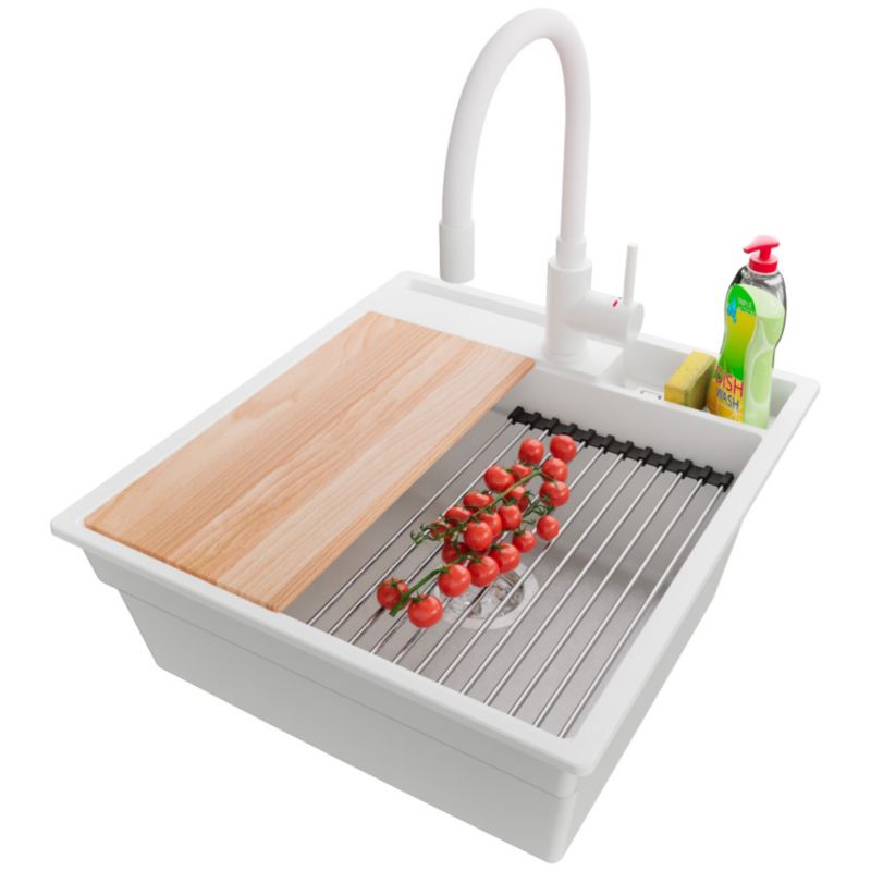 Zlewozmywak Granitowy Oslo Pocket PRIMAGRAN Nablatowy 48x53cm, Biały + Bateria + Syfon + Akcesorium, S170, 1 szt.