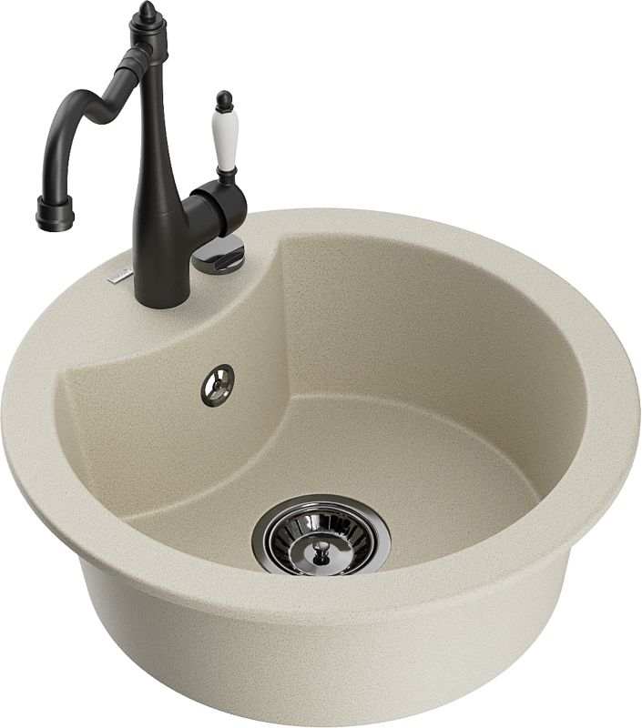 Zlewozmywak granitowy Mexen Diego 1-komorowy z baterią kuchenną Carla czarny - 6512-77-670700-70 1 szt.