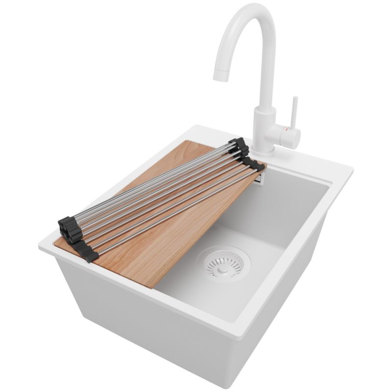 Zlewozmywak Granitowy Oslo PRIMAGRAN Nablatowy 38x50cm do szafki od 40cm z Syfonem i Baterią i Dodatkiem Cały Biały 1 szt.