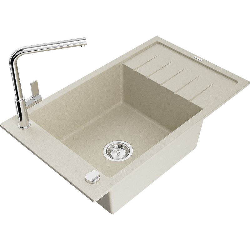 Zlewozmywak granitowy 1-komorowy Mexen Elias z ociekaczem i baterią kuchenną Flora biały - 6511-20-670401-70-B 1 szt.