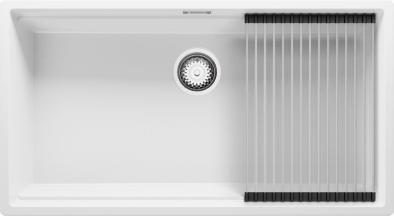 Zlewozmywak Praga Slim PRIMAGRAN Nablatowy 86x47cm do szafki od 90cm, Biały + Syfon + Zwijany ociekacz, S674, 1 szt.