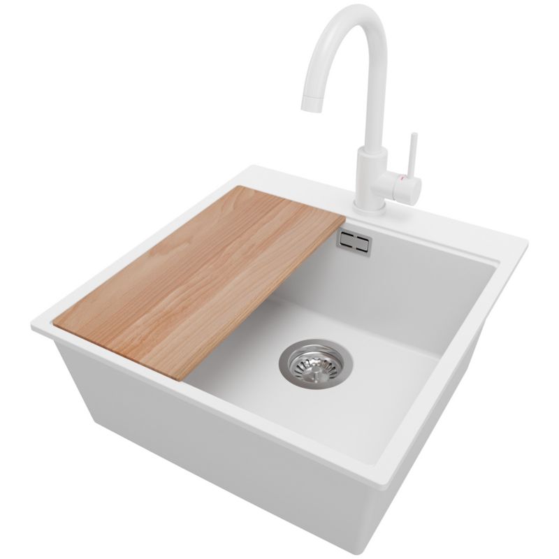 Zlewozmywak Granitowy Oslo PRIMAGRAN Nablatowy 48x50cm do szafki od 50cm, Biały + Bateria 32x20cm + Syfon + Deska, S305, 1 szt.