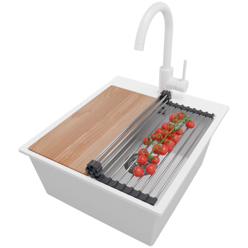 Zlewozmywak Granitowy Oslo PRIMAGRAN Nablatowy 43x50cm do szafki od 45cm z Syfonem i Baterią i Dodatkiem Biały 1 szt.