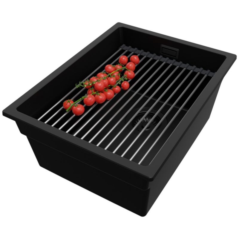 Zlewozmywak Praga Slim PRIMAGRAN Nablatowy 36x47cm do szafki od 40cm z Syfonem i Dodatkiem Cały Czarny 1 szt.