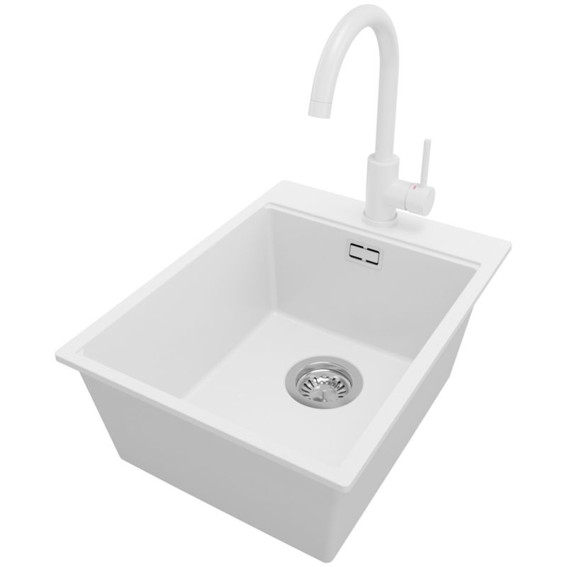 Zlewozmywak Granitowy Oslo PRIMAGRAN Nablatowy 38x50cm do szafki od 40cm z Syfonem i Baterią Biały 1 szt.