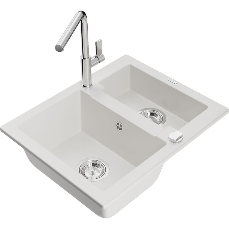 Zlewozmywak granitowy 1.5-komorowy Mexen Carlos z baterią kuchenną Flora biały 6518-20-670401-00