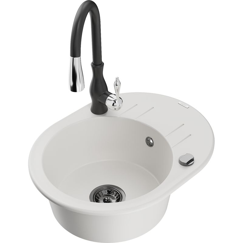 Zlewozmywak granitowy 1-komorowy Mexen Kevin z ociekaczem i baterią kuchenną Savita czarny - 6517-77-672601-70 1 szt.