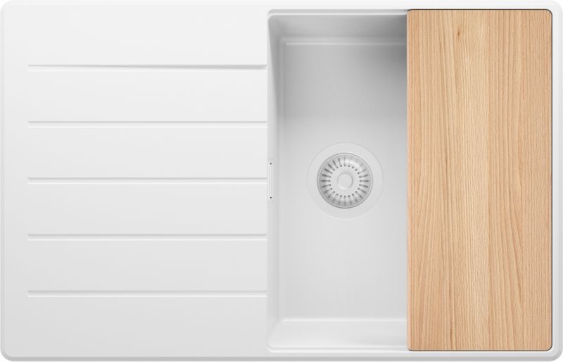 Zlewozmywak Kopenhaga PRIMAGRAN Nablatowy 78x50cm do szafki od 50cm, Cały Biały + Syfon + Deska, S534, 1 szt.