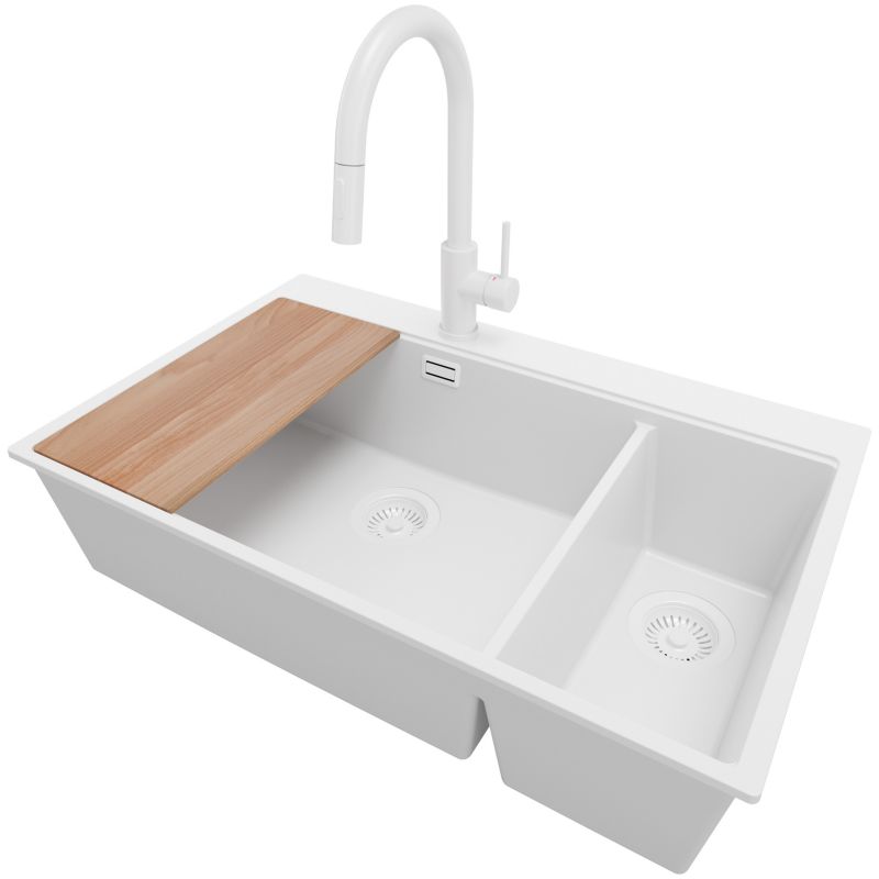 Zlewozmywak Granitowy Oslo Duo PRIMAGRAN Nablatowy 78x50cm do szafki od 80cm, Cały Biały + Bateria + Syfon + Deska, S094, 1 szt.