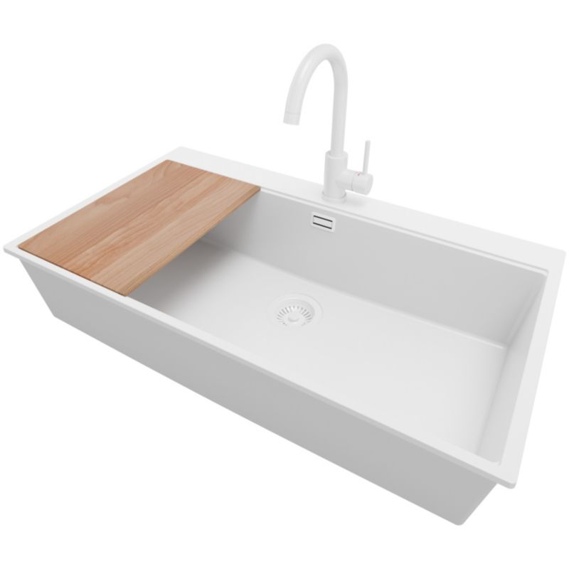 Zlewozmywak Granitowy Oslo PRIMAGRAN Nablatowy 88x50cm do szafki od 90cm, Cały Biały + Bateria + Syfon + Deska, S718, 1 szt.