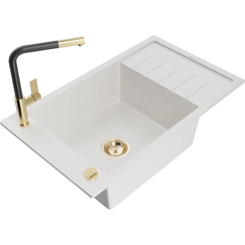 Zlewozmywak granitowy 1-komorowy Mexen Elias z ociekaczem i baterią kuchenną Flora biały 6511-20-670401-57-G