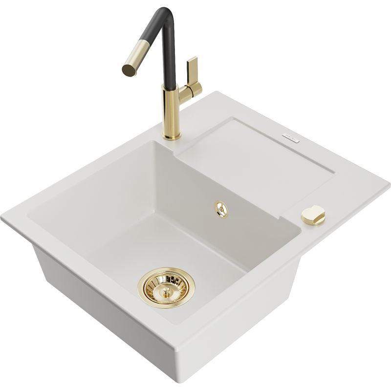 Zlewozmywak granitowy 1-komorowy Mexen Enzo z ociekaczem i baterią kuchenną Flora biały 6506-20-670401-57-G