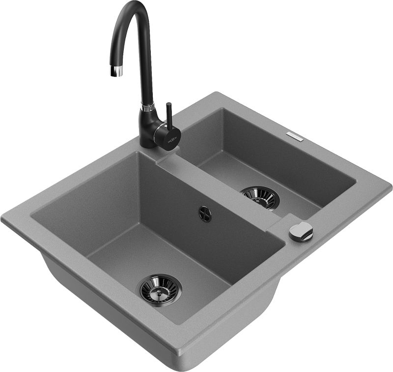 Zlewozmywak granitowy Mexen Carlos 1,5-komorowy z baterią kuchenną Telma szary 6518-71-670200-70-B