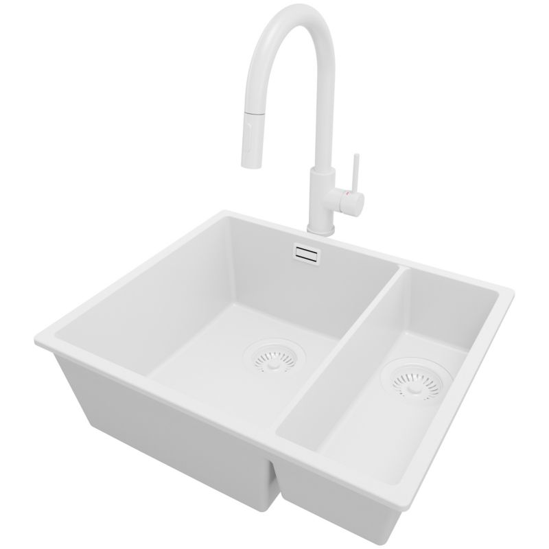 Zlewozmywak podblatowy Londyn Duo PRIMAGRAN 56x47cm do szafki od 60cm, Cały Biały + Bateria 40x20cm + Syfon, S022, 1 szt.