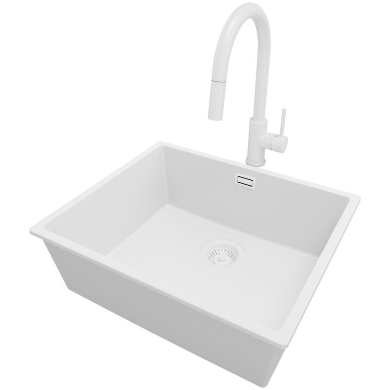 Zlewozmywak podblatowy Londyn PRIMAGRAN 56x47cm do szafki od 60cm, Cały Biały + Bateria 40x20cm + Syfon, S318, 1 szt.