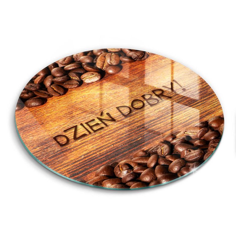 Szklana deska do krojenia Wallfluent fi40 cm Ziarna Kawy, Napis: Dzień dobry 1 szt.