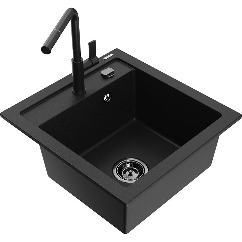 Zlewozmywak granitowy 1-komorowy Mexen Vito z baterią kuchenną Flora czarny/srebrny metalik - 6503-73-670401-57-G 1 szt.