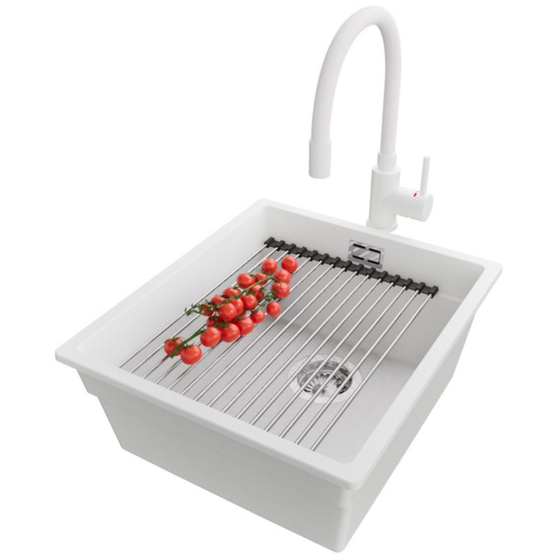 Zlewozmywak podblatowy Praga PRIMAGRAN 41x47cm do szafki od 45cm, Biały + Bateria + Syfon + Zwijany ociekacz, S135, 1 szt.