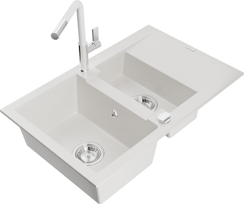 Zlewozmywak granitowy Mexen Gaspar 1,5-komorowy z ociekaczem i baterią kuchenną Flora biały 6507-20-670401-02