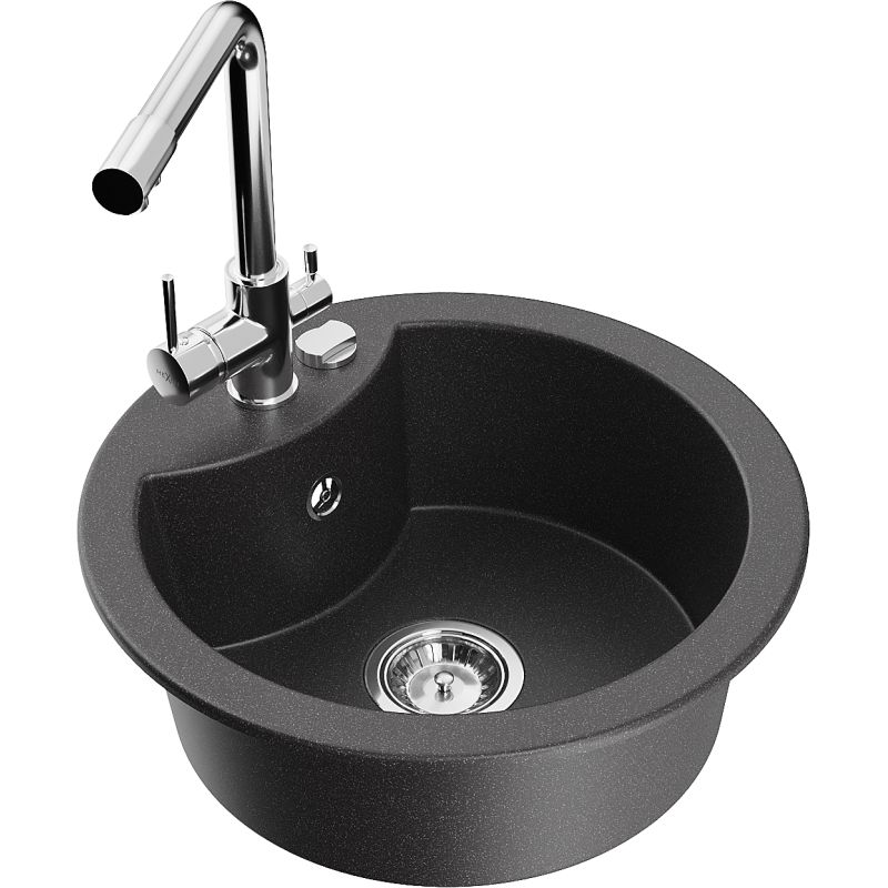 Zlewozmywak granitowy 1-komorowy Mexen Diego z baterią kuchenną Duero czarny nakrapiany - 6512-76-671600-50 1 szt.