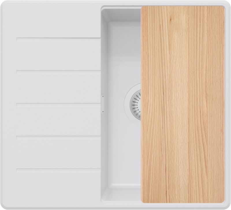 Zlewozmywak Kopenhaga PRIMAGRAN Nablatowy 55x50cm do szafki od 40cm, Cały Biały + Syfon + Deska, S064, 1 szt.