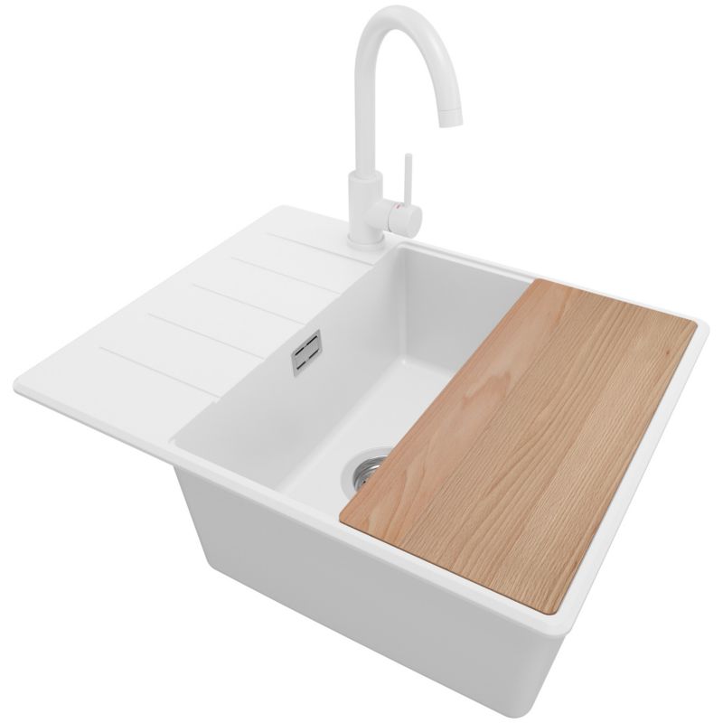 Zlewozmywak Granitowy Kopenhaga PRIMAGRAN Nablatowy 62x50cm do szafki od 50cm, Biały + Bateria + Syfon + Deska, S445, 1 szt.