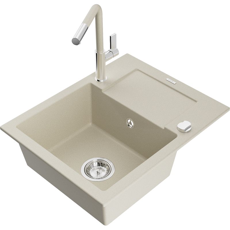 Zlewozmywak granitowy 1-komorowy Mexen Enzo z ociekaczem i baterią kuchenną Flora beżowy - 6506-69-670401-57-G 1 szt.