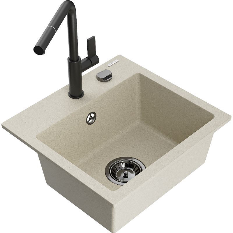 Zlewozmywak granitowy 1-komorowy Mexen Milo z baterią kuchenną Flora biały - 6505-20-670401-70-B 1 szt.