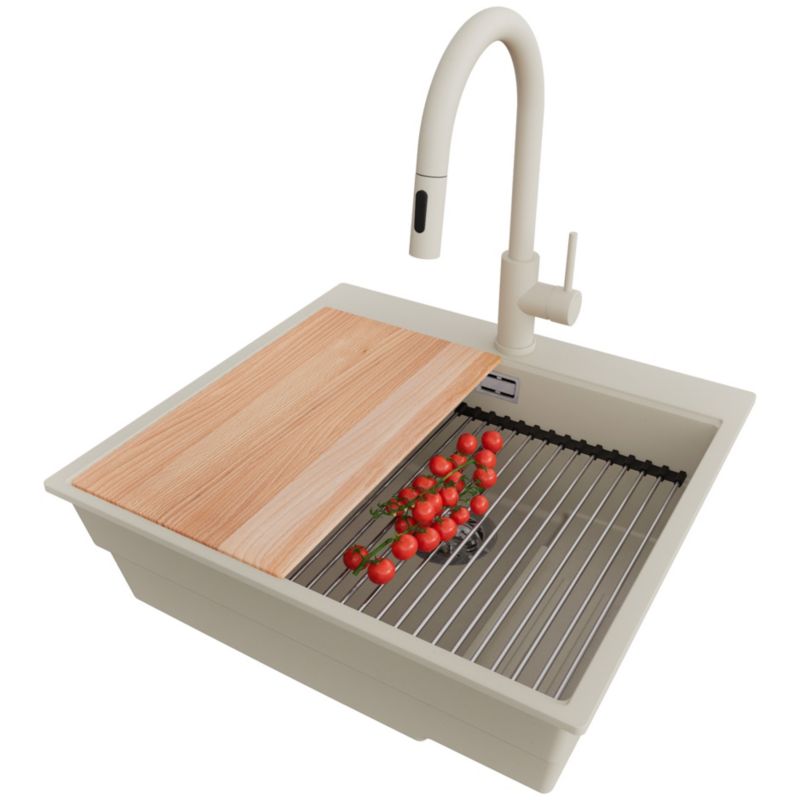 Zlewozmywak Granitowy Oslo Max PRIMAGRAN Nablatowy 58x53cm do szafki od 60cm, Beżowy + Bateria + Syfon + Akcesoria, S048, 1 szt.