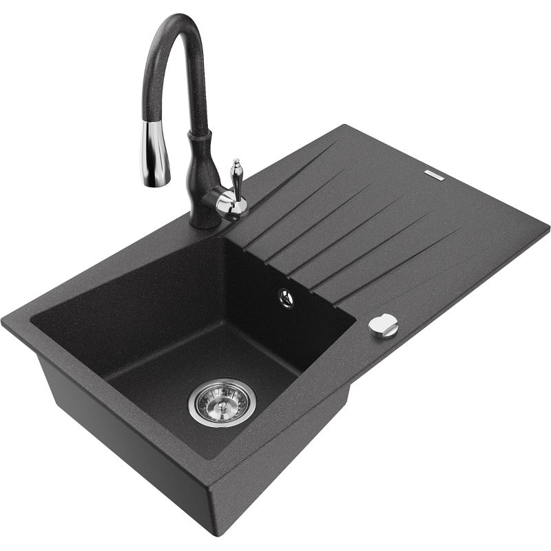 Zlewozmywak granitowy 1-komorowy Mexen Cesar z ociekaczem i baterią kuchenną Savita czarny/srebrny - 6514-73-672601-70-B 1 szt.