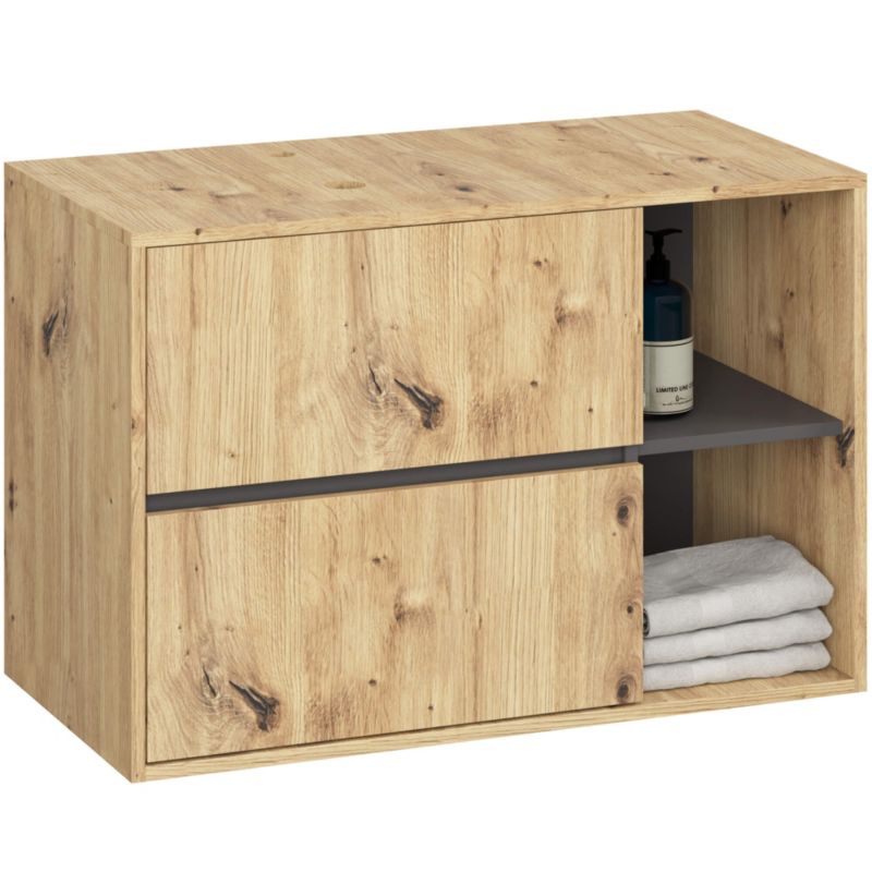 Szafka łazienkowa pod umywalkę z otworami AKORD VAMI Dąb Artisan, Grafit Szary 90 cm 2 szuflady 2 półki 90x60x45,5 cm 1 szt.