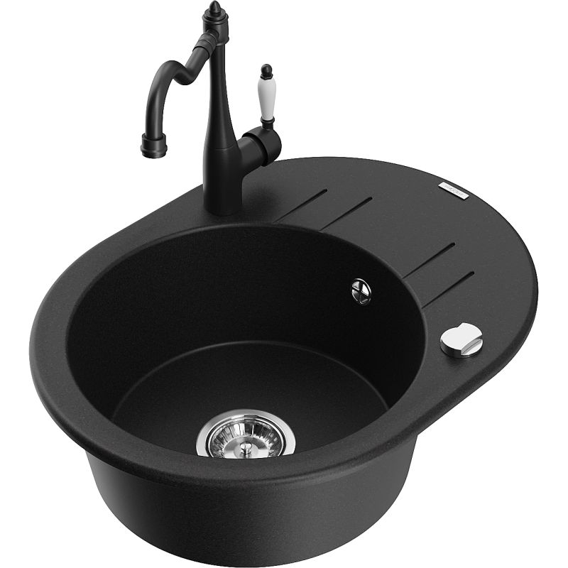 Zlewozmywak granitowy 1-komorowy Mexen Kevin z ociekaczem i baterią kuchenną Carla czarny - 6517-77-670700-70-B 1 szt.