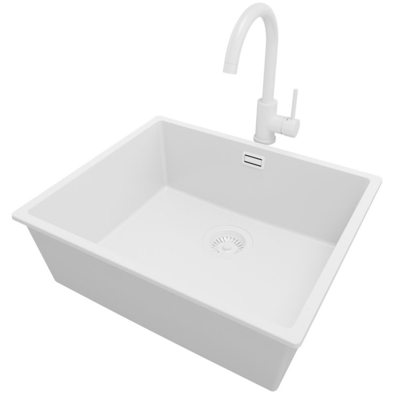 Zlewozmywak podblatowy Londyn PRIMAGRAN 56x47cm do szafki od 60cm, Cały Biały + Bateria 32x20cm + Syfon, S310, 1 szt.