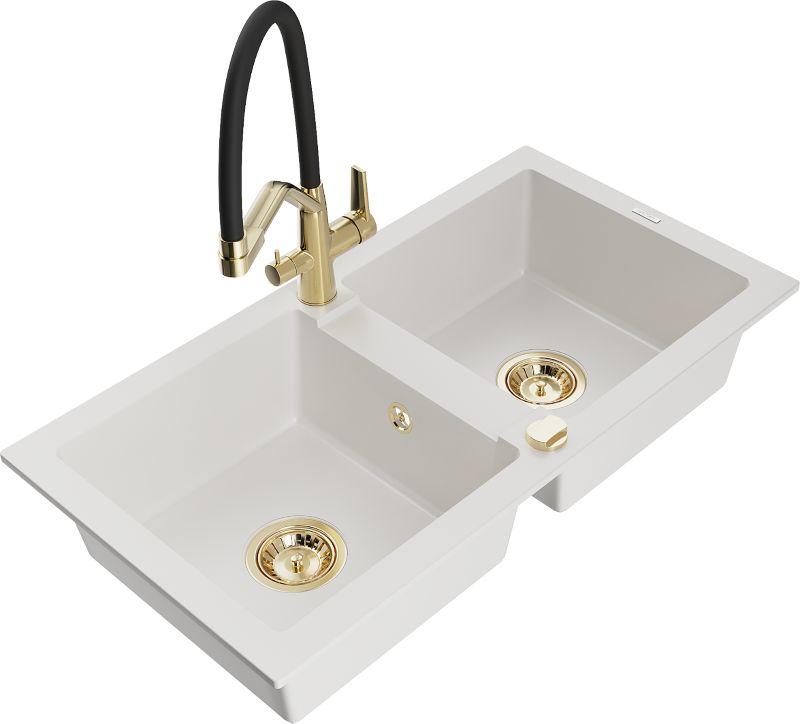 Zlewozmywak granitowy Mexen Mario 2-komorowy z baterią kuchenną Duo biały 6504-20-671701-57-G