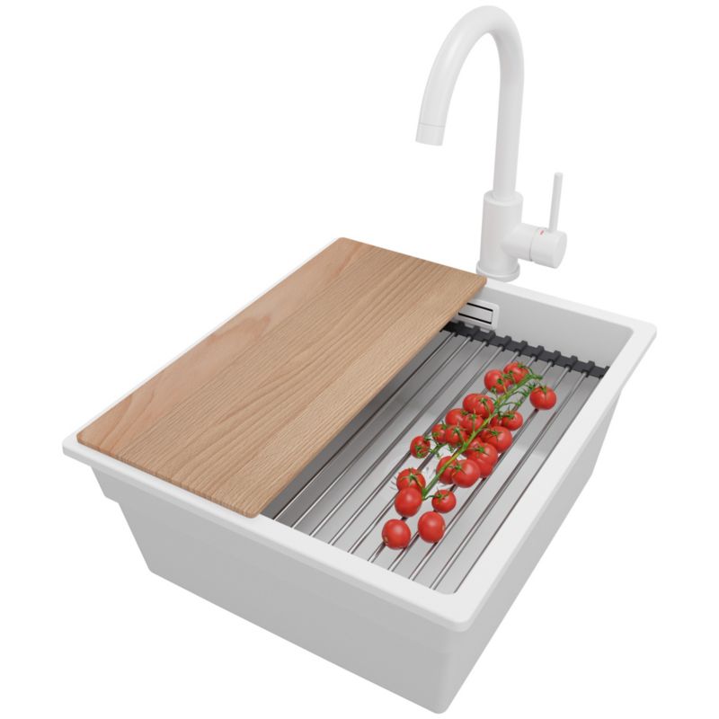 Zlewozmywak Granitowy Praga Slim PRIMAGRAN Nablatowy 41x47cm do szafki od 45cm z Syfonem i Baterią i Dodatkiem Cały Biały 1 szt.