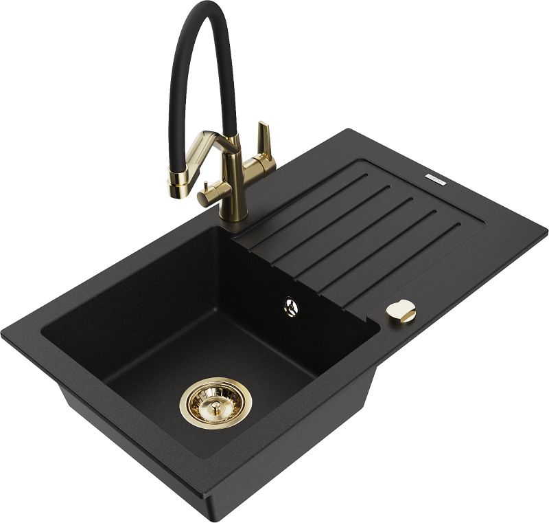 Zlewozmywak granitowy Mexen Pablo 1-komorowy z ociekaczem i baterią kuchenną Duo czarny 6510-77-671701-57-G