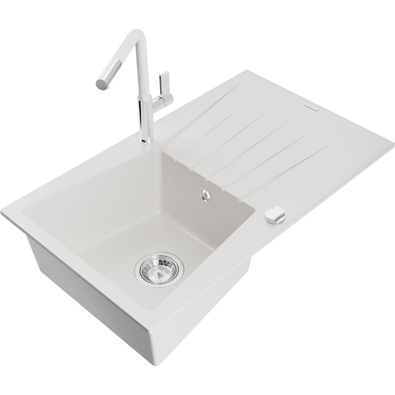 Zlewozmywak granitowy 1-komorowy Mexen Cesar z ociekaczem i baterią kuchenną Flora biały 6514-20-670401-02