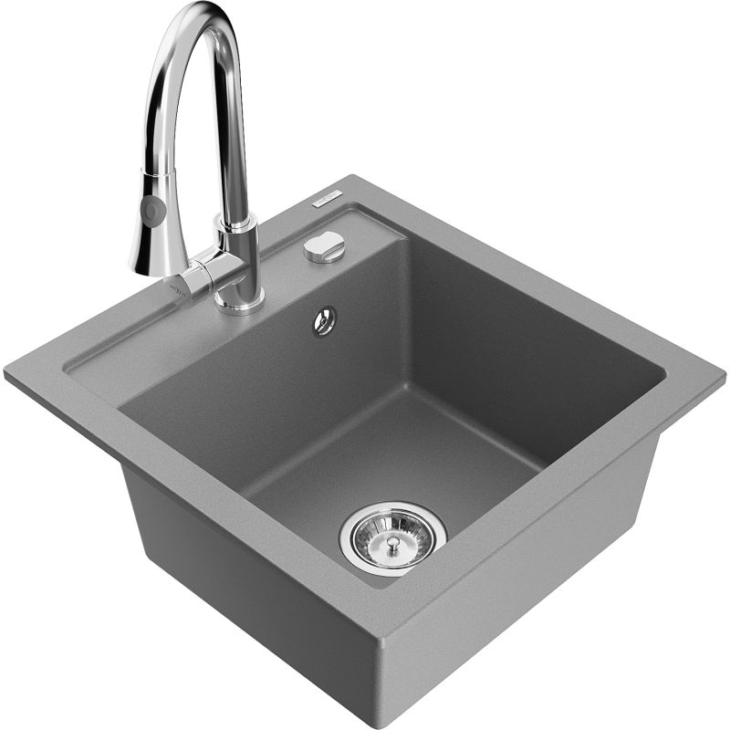 Zlewozmywak granitowy 1-komorowy Mexen Vito z baterią kuchenną Elia szary 6503-71-670101-00