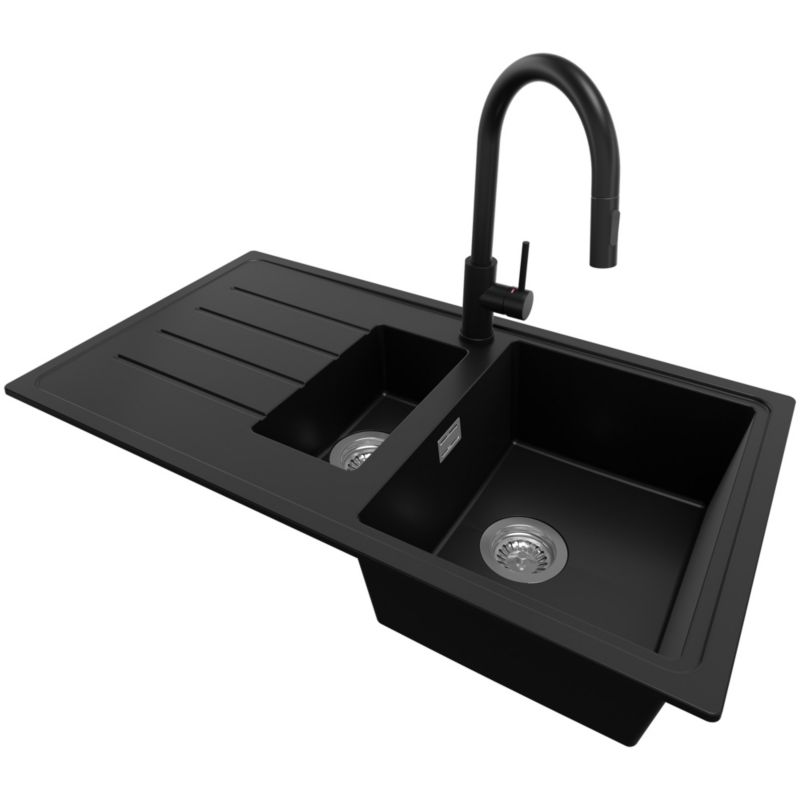 Zlewozmywak Granitowy Kopenhaga Duo PRIMAGRAN Nablatowy 90x50cm do szafki od 60cm, Czarny + Bateria 40x20cm + Syfon, S019, 1 szt.