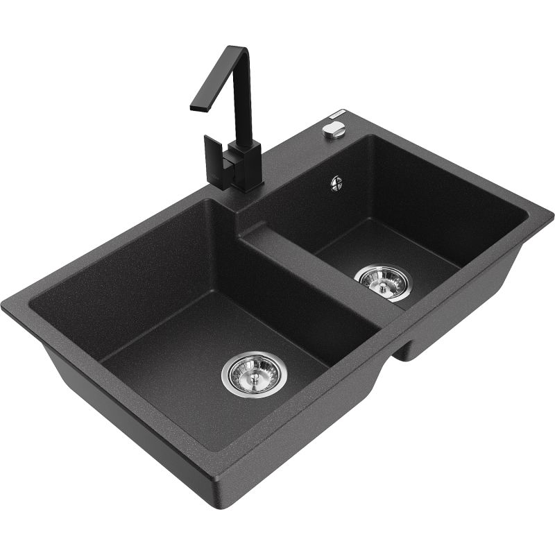 Zlewozmywak granitowy 2-komorowy Mexen Tomas z baterią kuchenną Rita czarny nakrapiany - 6516-76-670300-76 1 szt.