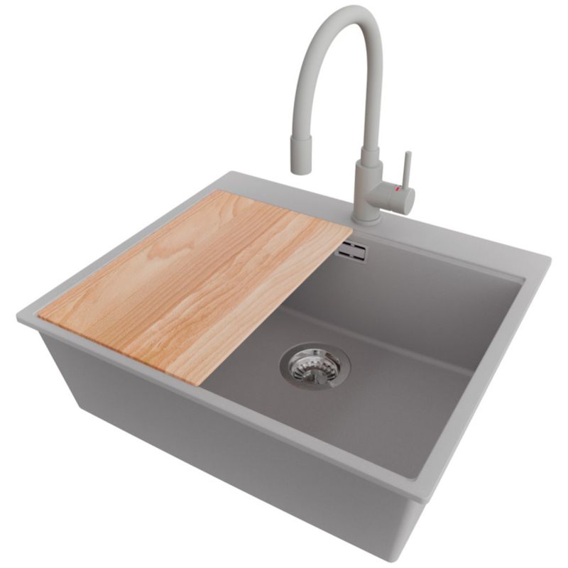 Zlewozmywak Granitowy Oslo PRIMAGRAN Nablatowy 58x50cm do szafki od 60cm, Szary + Bateria 38x14cm + Syfon + Deska, S433, 1 szt.