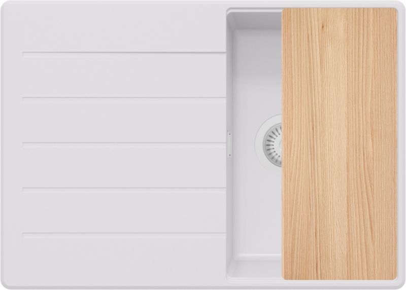 Zlewozmywak Kopenhaga PRIMAGRAN Nablatowy 70x50cm do szafki od 40cm, Cały Biały + Syfon + Deska, S158, 1 szt.