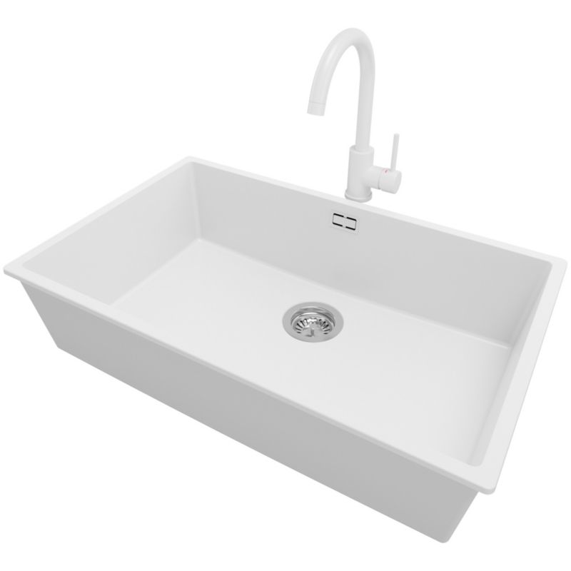 Zlewozmywak Granitowy Londyn Slim PRIMAGRAN Nablatowy 76x47cm do szafki od 80cm, Biały + Bateria 32x20cm + Syfon, S489, 1 szt.